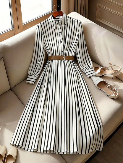 Franclia Women's Navy Blue Striped Woven Fabric Long Sleeve Midi Dress Casual Flared Hem Shirt Dress