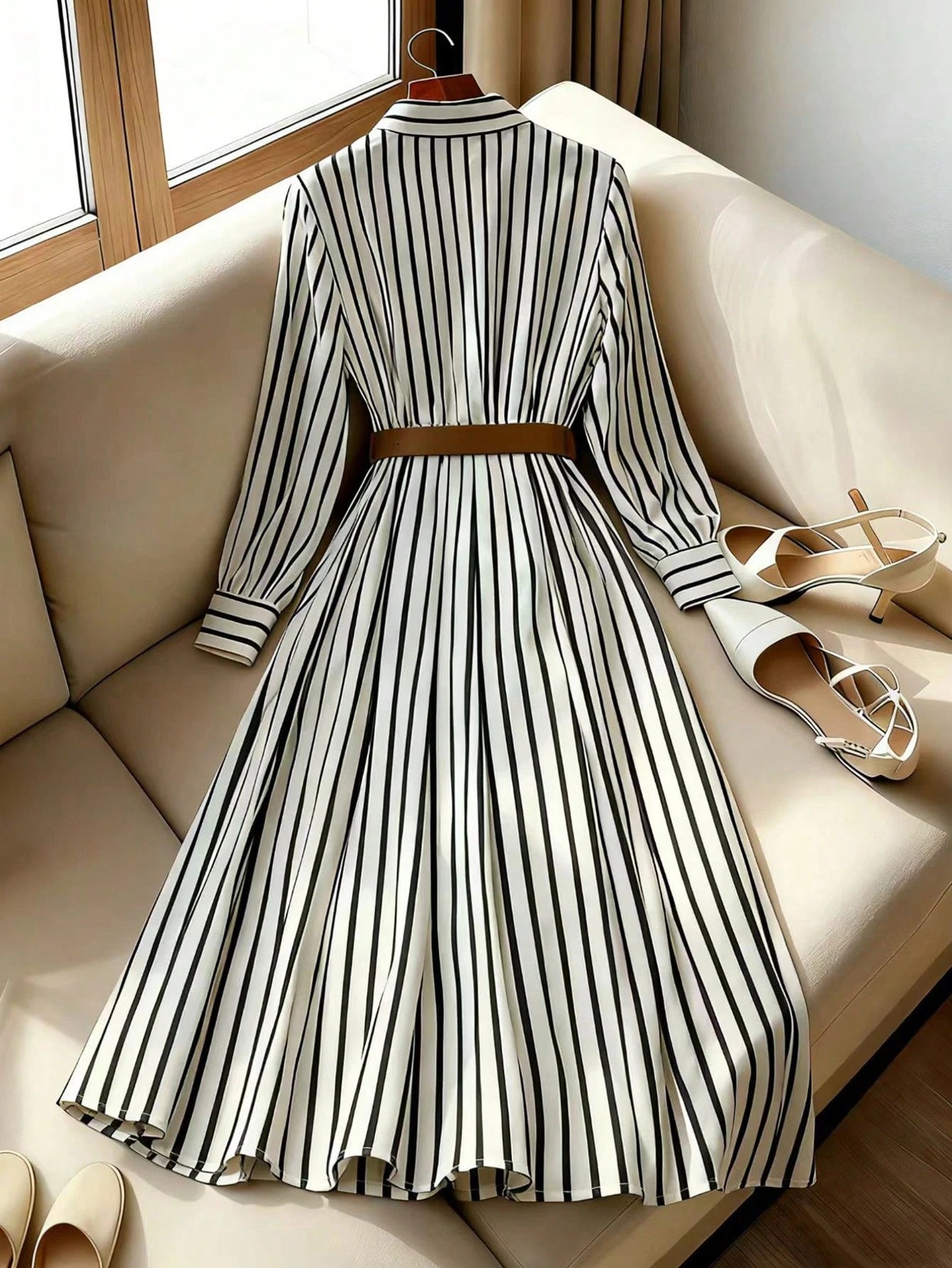 Franclia Women's Navy Blue Striped Woven Fabric Long Sleeve Midi Dress Casual Flared Hem Shirt Dress