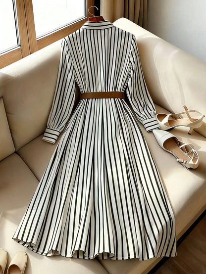 Franclia Women's Navy Blue Striped Woven Fabric Long Sleeve Midi Dress Casual Flared Hem Shirt Dress