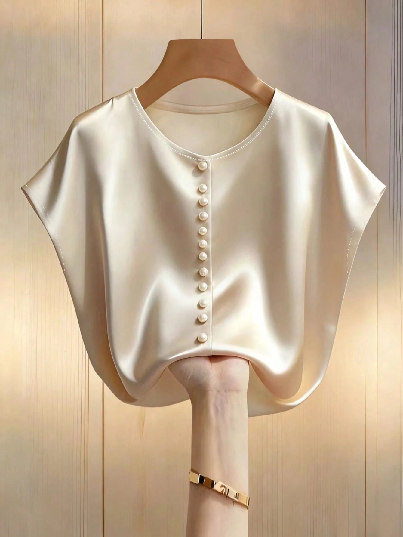 Franclia Women's Pearl White Elegant Summer Tea Party Blouse,Champagne Batwing Sleeve Round Neck Pearl Short-Sleeved Satin Fabric Top,Spring Holiday Wear