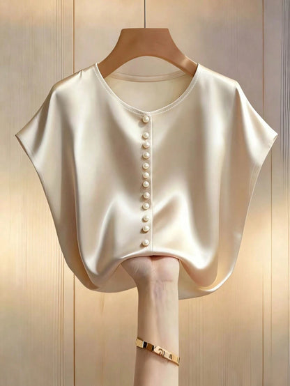 Franclia Women's Pearl White Elegant Summer Tea Party Blouse,Champagne Batwing Sleeve Round Neck Pearl Short-Sleeved Satin Fabric Top,Spring Holiday Wear