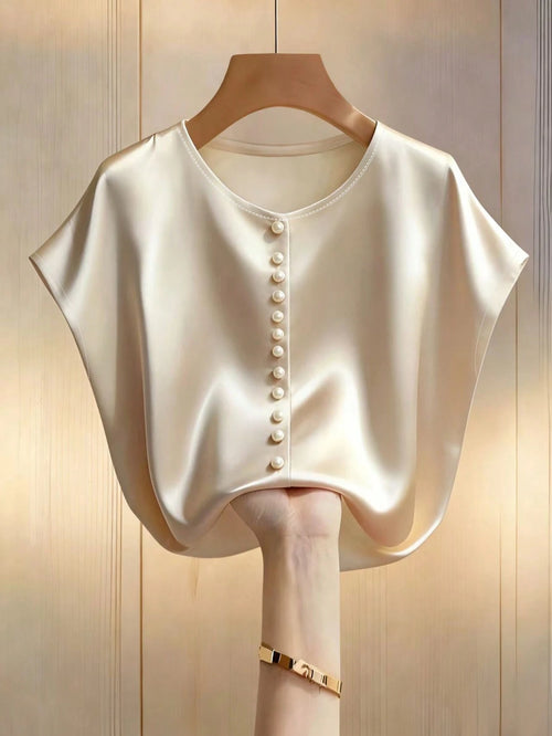 Franclia Women's Pearl White Elegant Summer Tea Party Blouse,Champagne Batwing Sleeve Round Neck Pearl Short-Sleeved Satin Fabric Top,Spring Holiday Wear