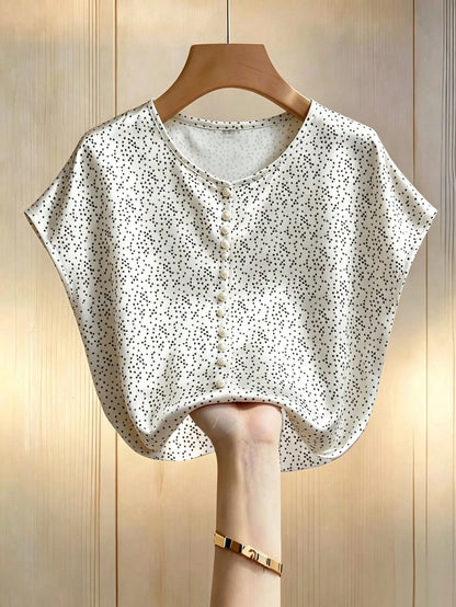 Franclia Women's Pearl White Elegant Summer Tea Party Blouse,Champagne Batwing Sleeve Round Neck Pearl Short-Sleeved Satin Fabric Top,Spring Holiday Wear