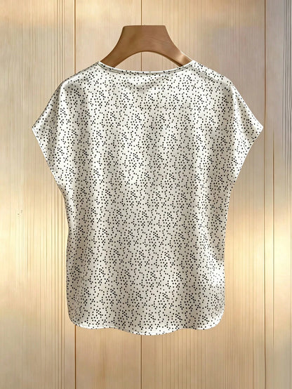 Franclia Women's Pearl White Elegant Summer Tea Party Blouse,Champagne Batwing Sleeve Round Neck Pearl Short-Sleeved Satin Fabric Top,Spring Holiday Wear