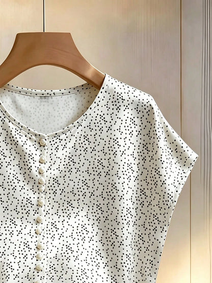 Franclia Women's Pearl White Elegant Summer Tea Party Blouse,Champagne Batwing Sleeve Round Neck Pearl Short-Sleeved Satin Fabric Top,Spring Holiday Wear