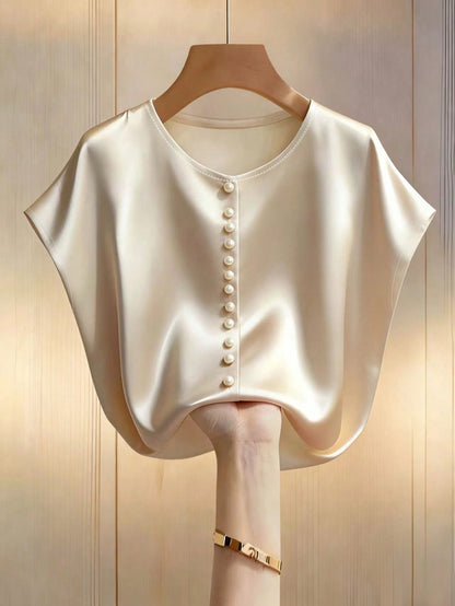 Franclia Women's Pearl White Elegant Summer Tea Party Blouse,Champagne Batwing Sleeve Round Neck Pearl Short-Sleeved Satin Fabric Top,Spring Holiday Wear