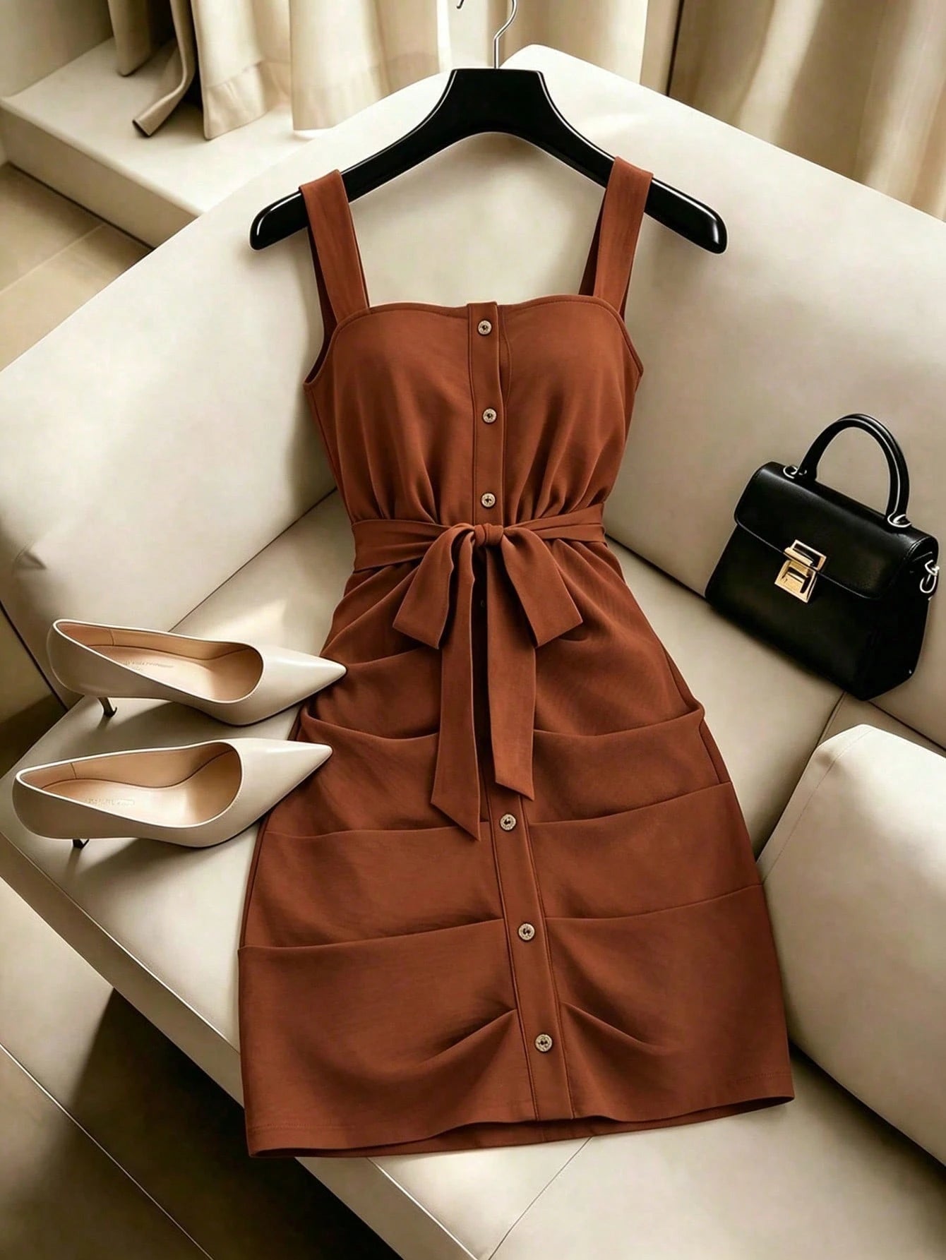 Franclia Women's Summer Solid Color Sleeveless Dress, Single-Breasted Waist Cinched Mini Dress, Suitable For Vacation, Commute, And Dates