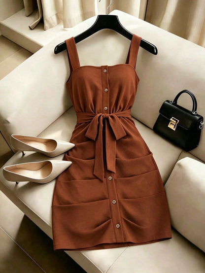 Franclia Women's Summer Solid Color Sleeveless Dress, Single-Breasted Waist Cinched Mini Dress, Suitable For Vacation, Commute, And Dates