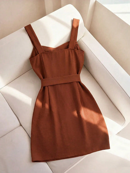 Franclia Women's Summer Solid Color Sleeveless Dress, Single-Breasted Waist Cinched Mini Dress, Suitable For Vacation, Commute, And Dates