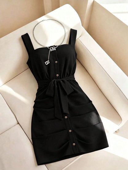 Franclia Women's Summer Solid Color Sleeveless Dress, Single-Breasted Waist Cinched Mini Dress, Suitable For Vacation, Commute, And Dates