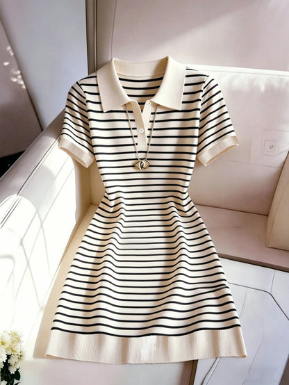 Franclia Women's Vintage Black And White Striped Short Sleeve Dress,Summer Casual Retro Elegant Party Dress,School Back-To-School Commuting Leisure Wear
