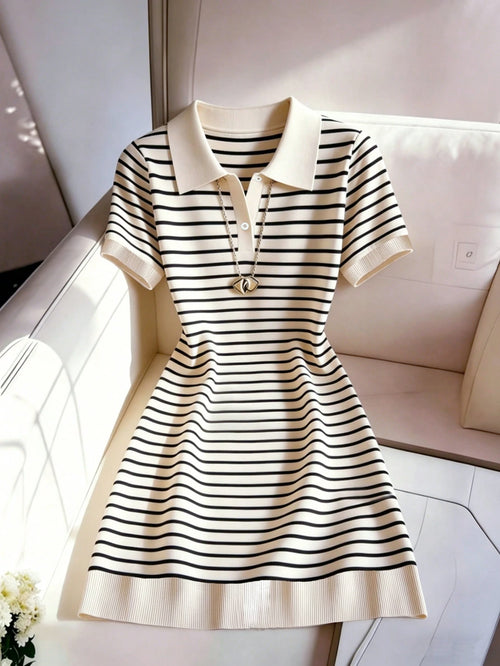 Franclia Women's Vintage Black And White Striped Short Sleeve Dress,Summer Casual Retro Elegant Party Dress,School Back-To-School Commuting Leisure Wear