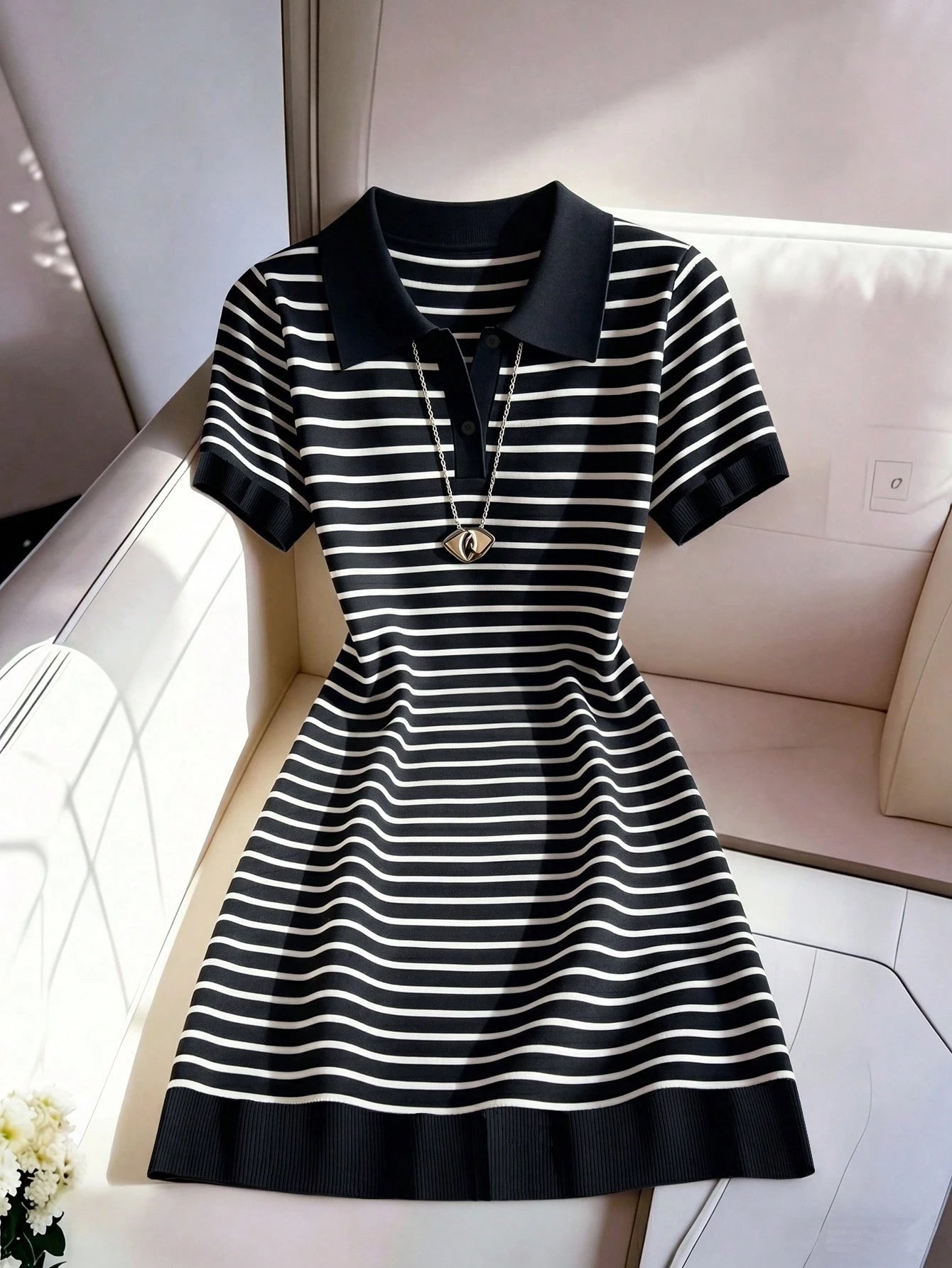 Franclia Women's Vintage Black And White Striped Short Sleeve Dress,Summer Casual Retro Elegant Party Dress,School Back-To-School Commuting Leisure Wear