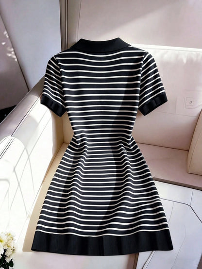 Franclia Women's Vintage Black And White Striped Short Sleeve Dress,Summer Casual Retro Elegant Party Dress,School Back-To-School Commuting Leisure Wear