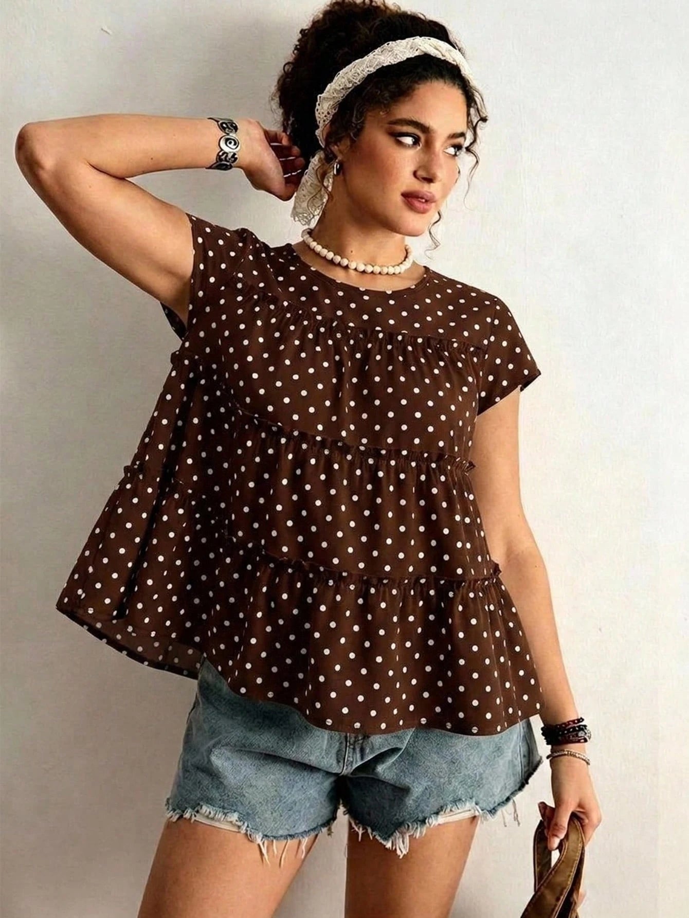 Freevana Plus Size Women's Sleeveless Blouse With Polka Dot Print And Layered Patchwork