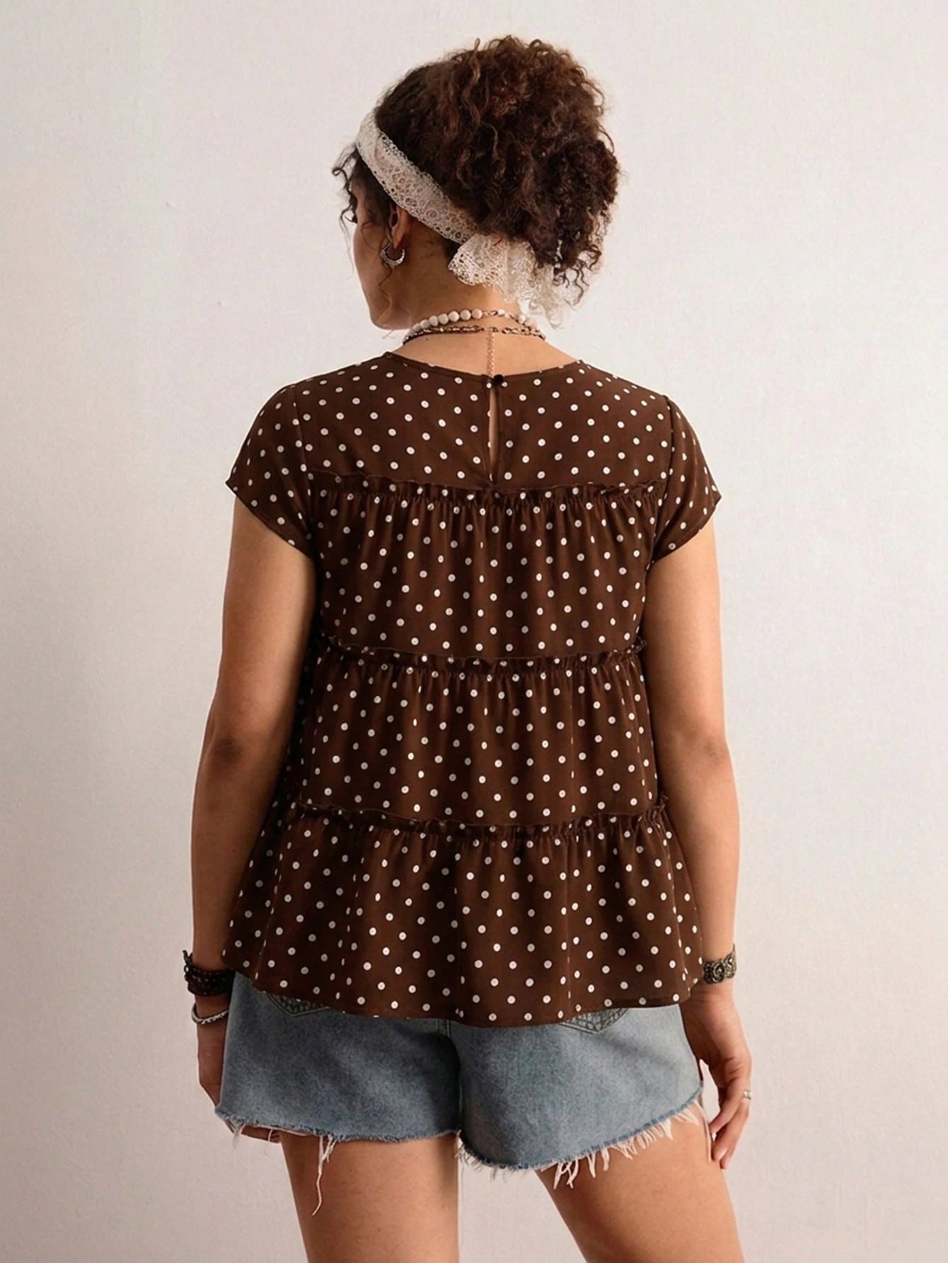 Freevana Plus Size Women's Sleeveless Blouse With Polka Dot Print And Layered Patchwork