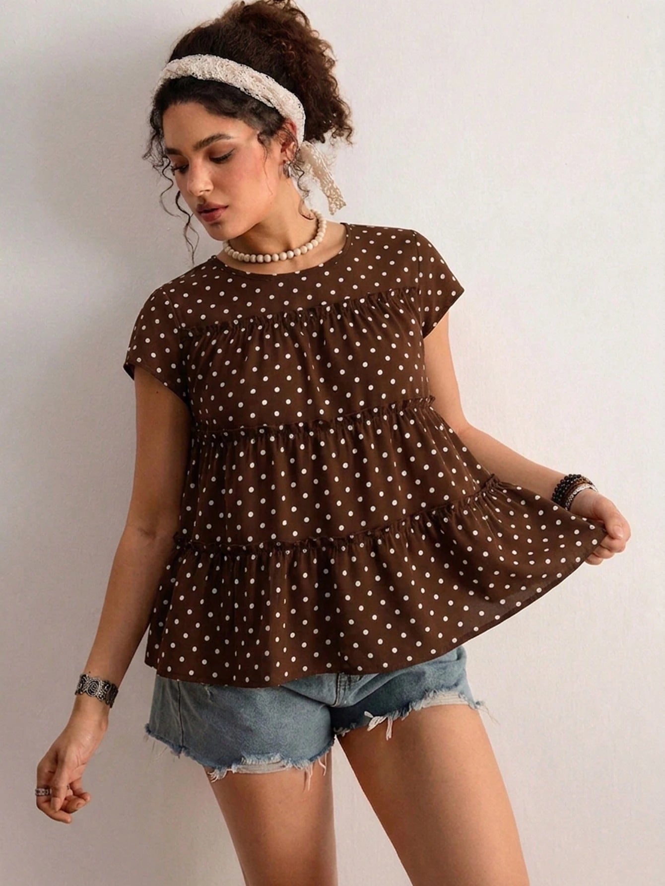 Freevana Plus Size Women's Sleeveless Blouse With Polka Dot Print And Layered Patchwork