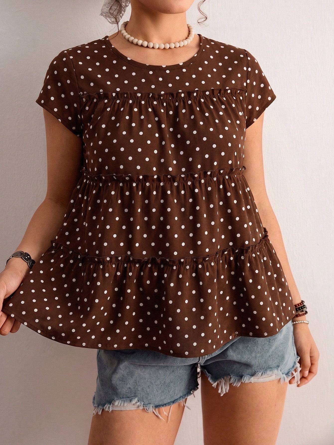 Freevana Plus Size Women's Sleeveless Blouse With Polka Dot Print And Layered Patchwork