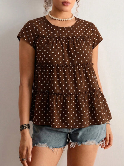 Freevana Plus Size Women's Sleeveless Blouse With Polka Dot Print And Layered Patchwork
