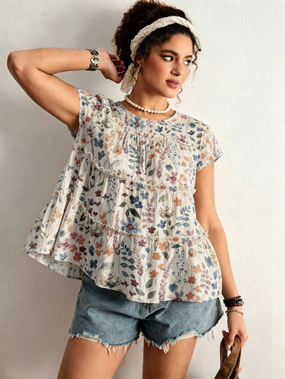 Freevana Plus Size Women's Sleeveless Blouse With Polka Dot Print And Layered Patchwork