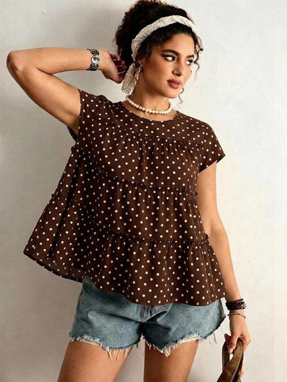 Freevana Plus Size Women's Sleeveless Blouse With Polka Dot Print And Layered Patchwork