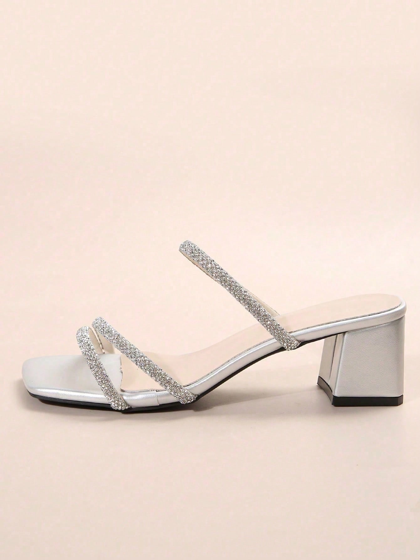 French Summer New Arrival High-End Crystal Thick Heel Shiny Slide Sandals, Comfortable Open Toe Slip-On Slippers, Fashionable Versatile Elegant