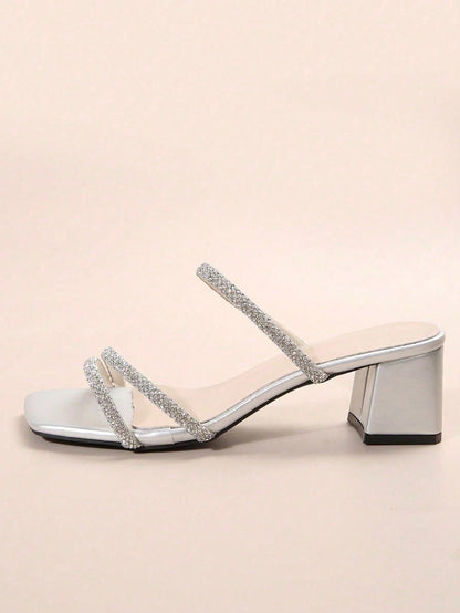 French Summer New Arrival High-End Crystal Thick Heel Shiny Slide Sandals, Comfortable Open Toe Slip-On Slippers, Fashionable Versatile Elegant