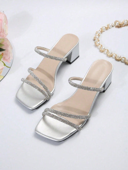 French Summer New Arrival High-End Crystal Thick Heel Shiny Slide Sandals, Comfortable Open Toe Slip-On Slippers, Fashionable Versatile Elegant