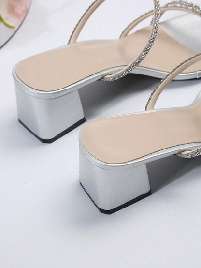 French Summer New Arrival High-End Crystal Thick Heel Shiny Slide Sandals, Comfortable Open Toe Slip-On Slippers, Fashionable Versatile Elegant