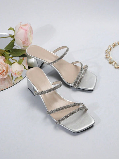 French Summer New Arrival High-End Crystal Thick Heel Shiny Slide Sandals, Comfortable Open Toe Slip-On Slippers, Fashionable Versatile Elegant