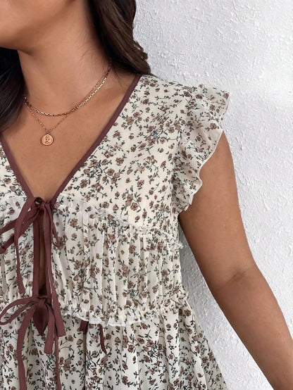 Frenchy Plus Size Casual Vacation Leopard Print Chiffon Flutter Sleeve Tie Front Women's Top
