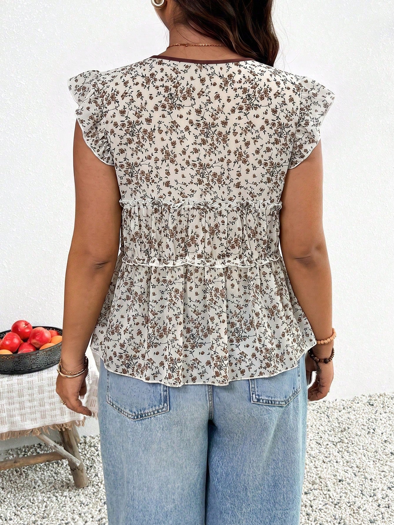 Frenchy Plus Size Casual Vacation Leopard Print Chiffon Flutter Sleeve Tie Front Women's Top