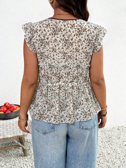 Frenchy Plus Size Casual Vacation Leopard Print Chiffon Flutter Sleeve Tie Front Women's Top