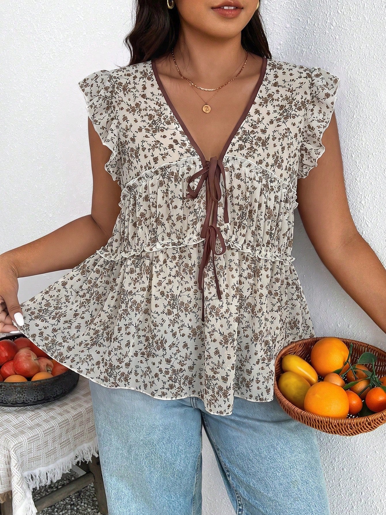 Frenchy Plus Size Casual Vacation Leopard Print Chiffon Flutter Sleeve Tie Front Women's Top