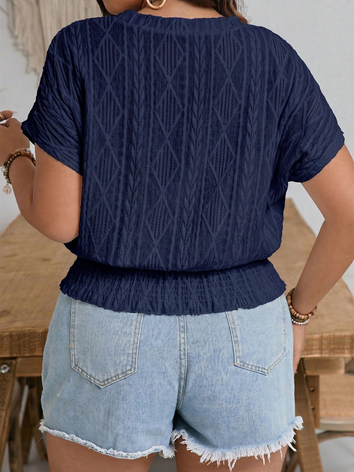 Frenchy Plus Size Women's Casual Cinched Waist Round Neck Batwing Sleeve Textured Fabric T-Shirt Formal Navy Blue Summer