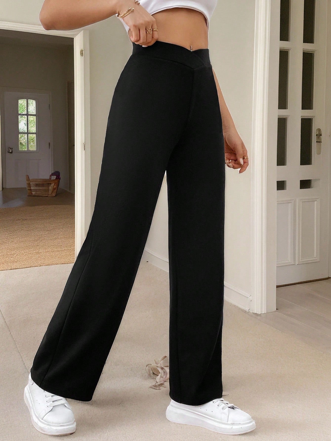 Frenchy Women Black Leopard Print Straight Leg Pants,Winter Basic Casual Fashion Old Money Style Fall Clothes,Teacher Outfits,Back To School Date Spring