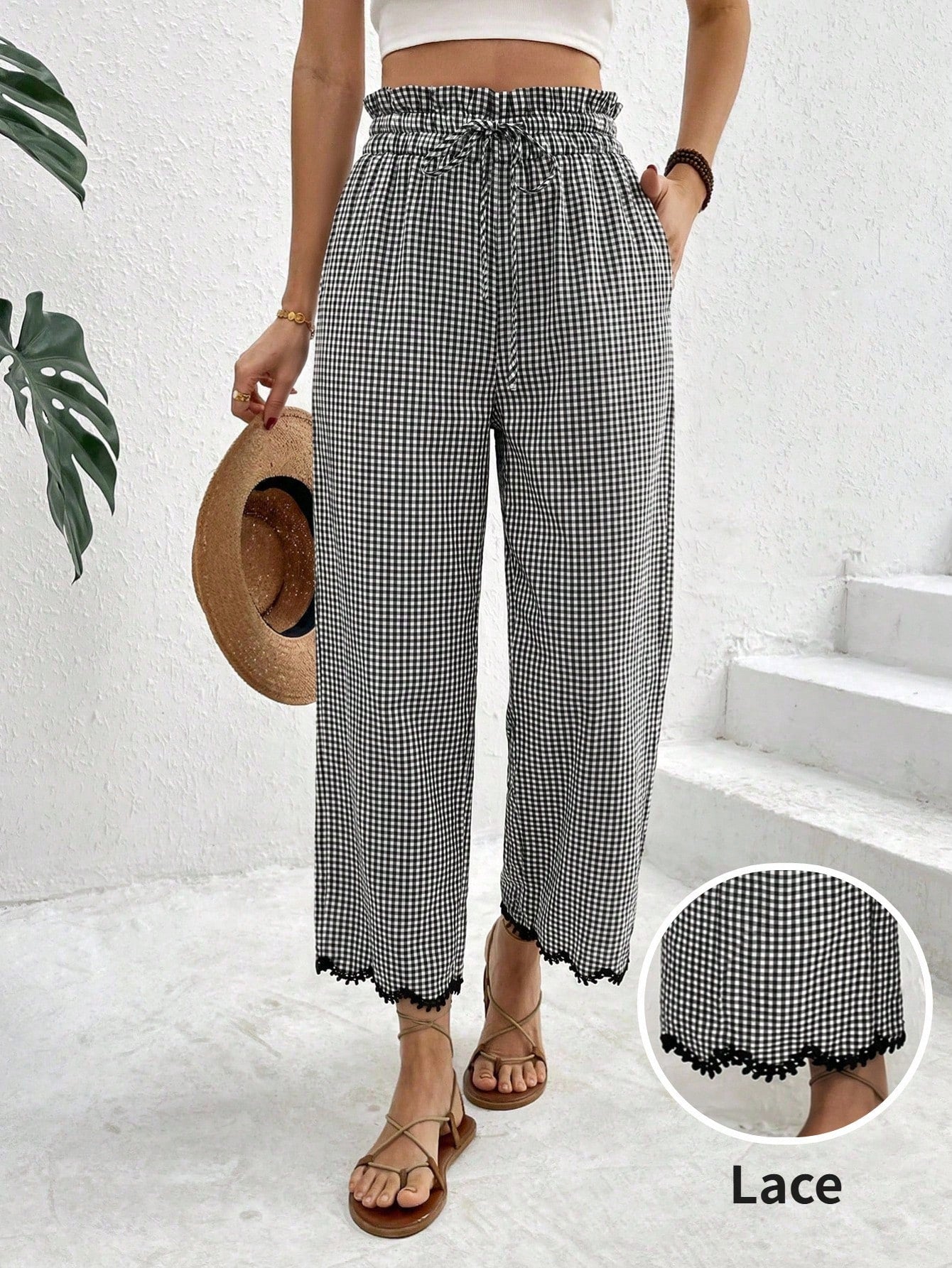 Frenchy Women's Autumn Boho 70s Casual Black And White Plaid Lace Trim Pants,Vacation Holiday Ruffle Drawstring Waist Pocket Cropped Long Tapered Pants,Beach