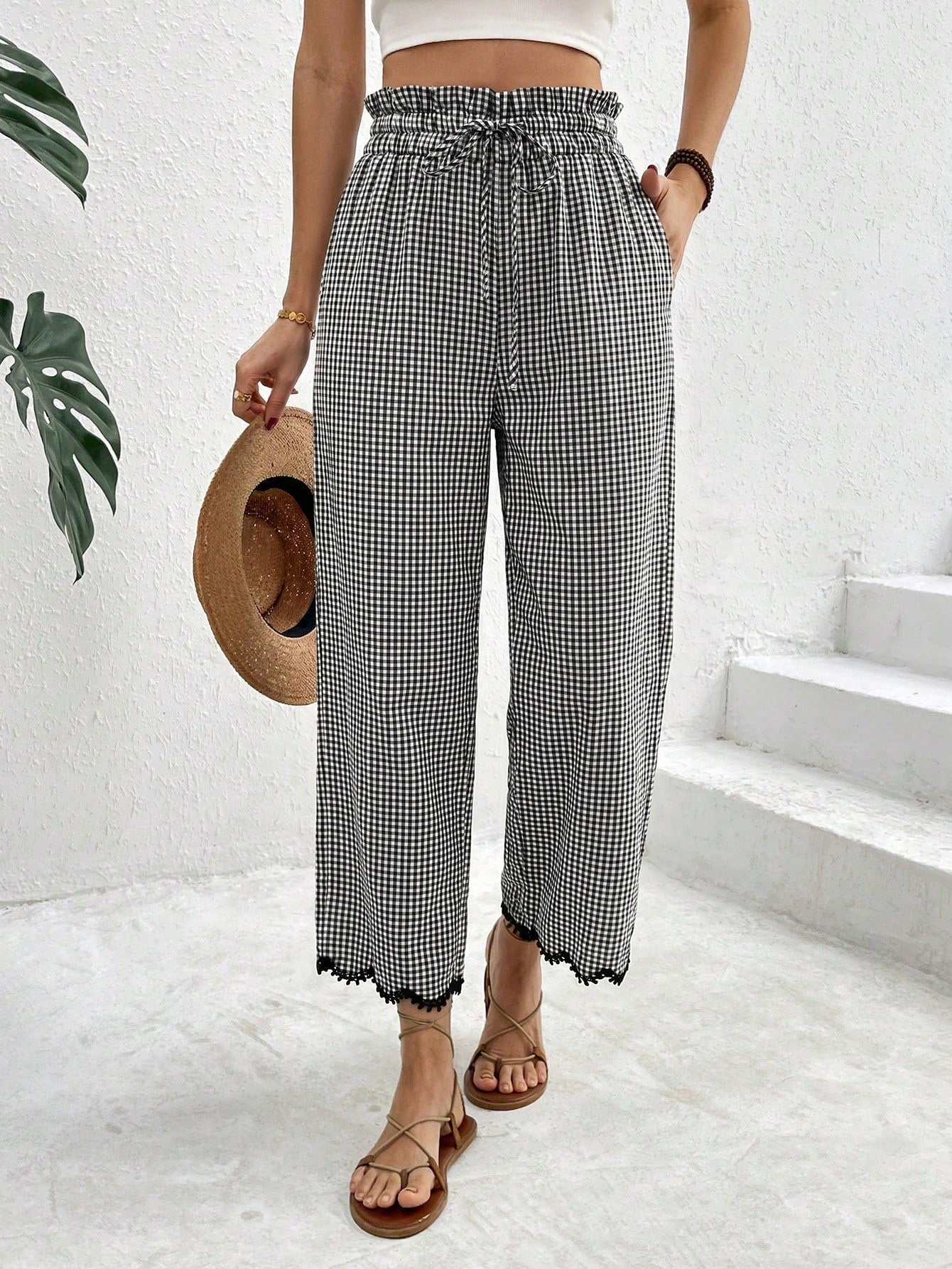 Frenchy Women's Autumn Boho 70s Casual Black And White Plaid Lace Trim Pants,Vacation Holiday Ruffle Drawstring Waist Pocket Cropped Long Tapered Pants,Beach