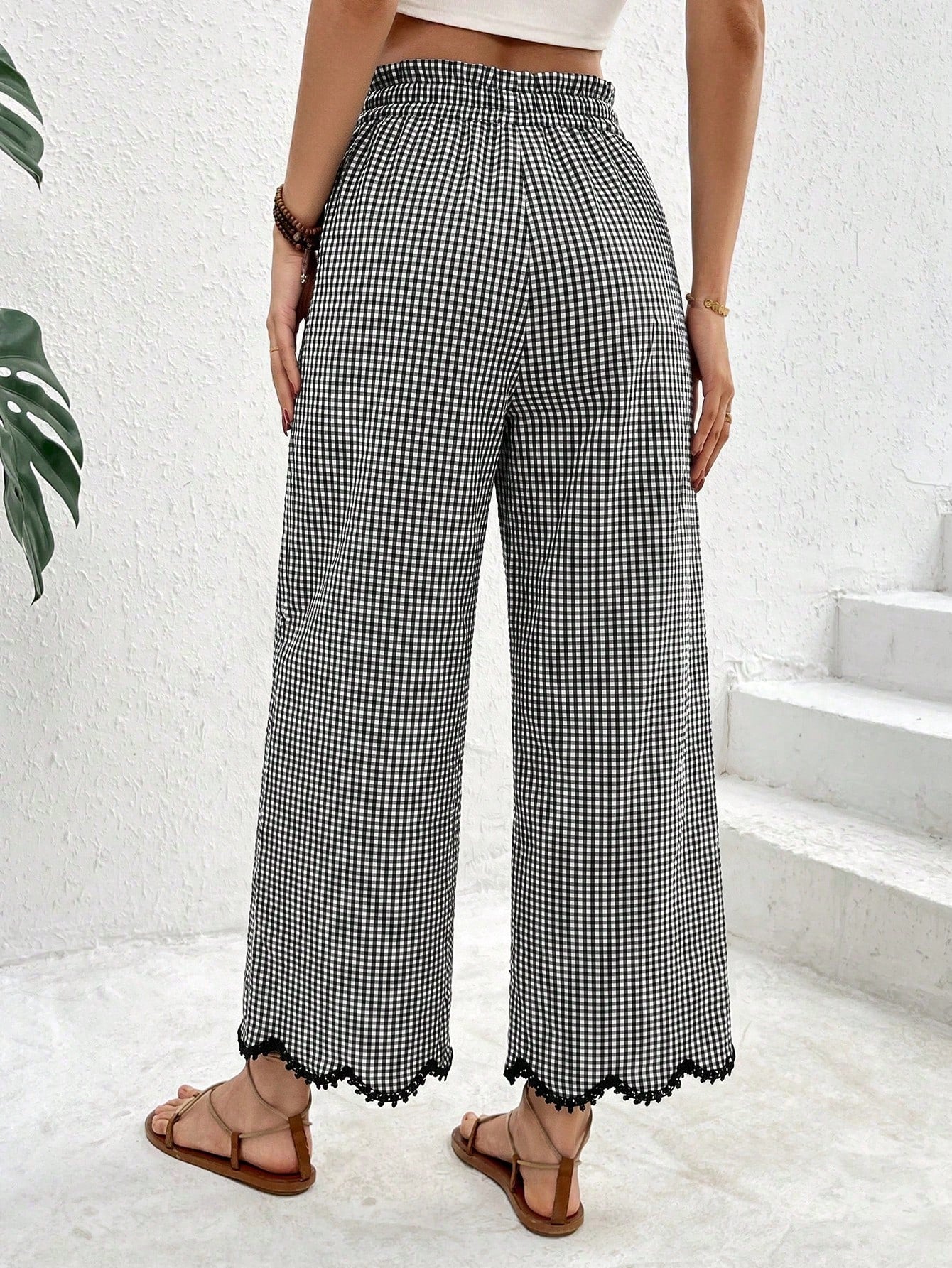 Frenchy Women's Autumn Boho 70s Casual Black And White Plaid Lace Trim Pants,Vacation Holiday Ruffle Drawstring Waist Pocket Cropped Long Tapered Pants,Beach