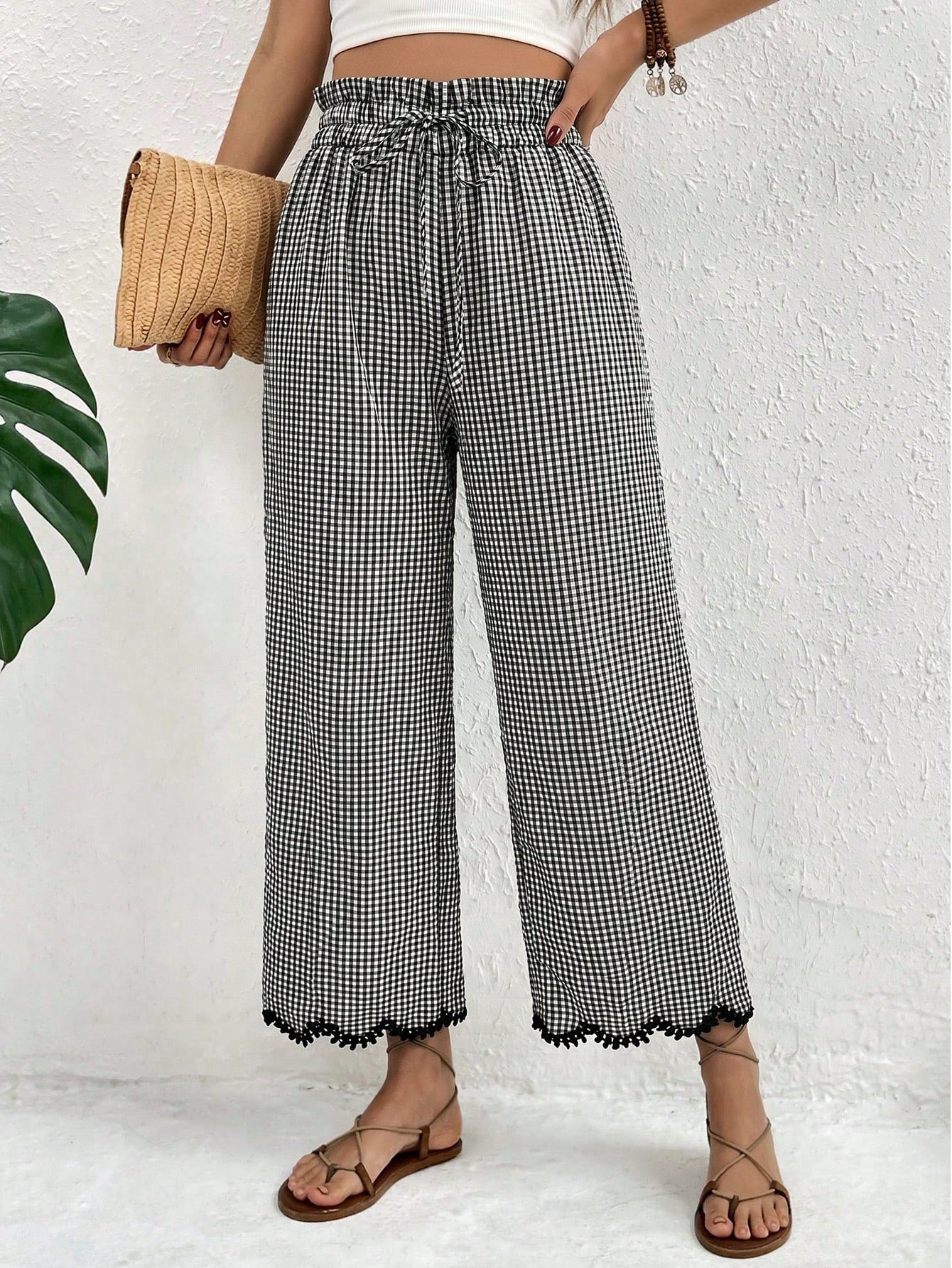Frenchy Women's Autumn Boho 70s Casual Black And White Plaid Lace Trim Pants,Vacation Holiday Ruffle Drawstring Waist Pocket Cropped Long Tapered Pants,Beach