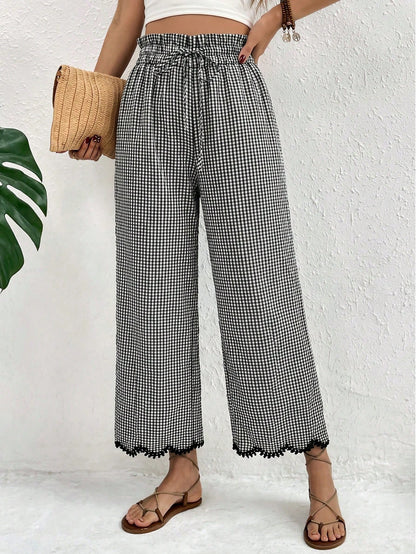 Frenchy Women's Autumn Boho 70s Casual Black And White Plaid Lace Trim Pants,Vacation Holiday Ruffle Drawstring Waist Pocket Cropped Long Tapered Pants,Beach