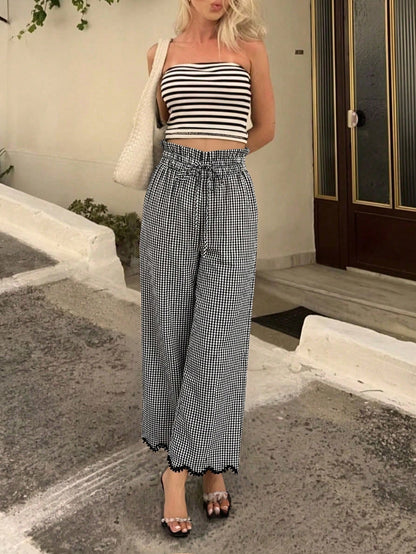 Frenchy Women's Autumn Boho 70s Casual Black And White Plaid Lace Trim Pants,Vacation Holiday Ruffle Drawstring Waist Pocket Cropped Long Tapered Pants,Beach