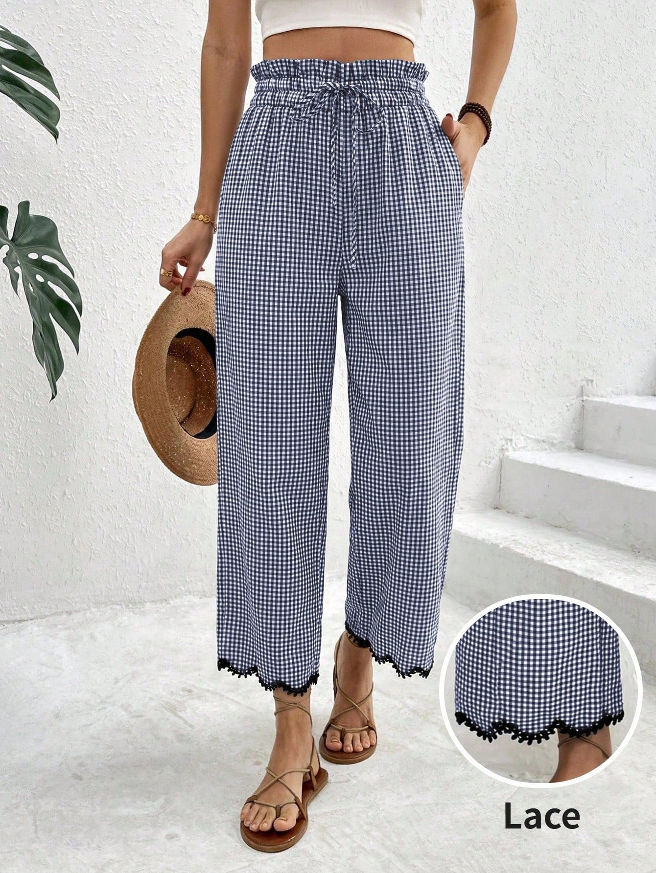 Frenchy Women's Autumn Boho 70s Casual Black And White Plaid Lace Trim Pants,Vacation Holiday Ruffle Drawstring Waist Pocket Cropped Long Tapered Pants,Beach