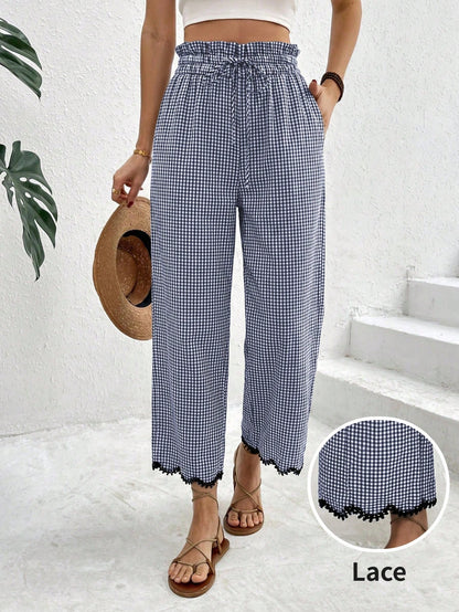 Frenchy Women's Autumn Boho 70s Casual Black And White Plaid Lace Trim Pants,Vacation Holiday Ruffle Drawstring Waist Pocket Cropped Long Tapered Pants,Beach