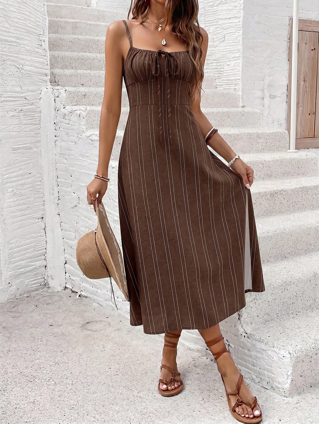Frenchy Women's Striped Colorblock Split Design Casual Party Midi Strap Dress