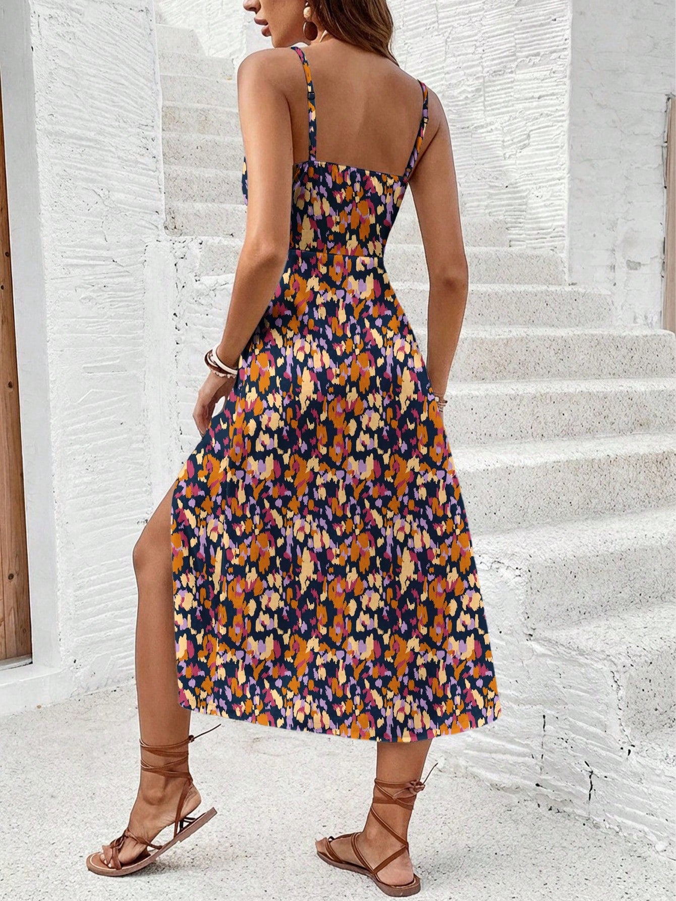 Frenchy Women's Striped Colorblock Split Design Casual Party Midi Strap Dress