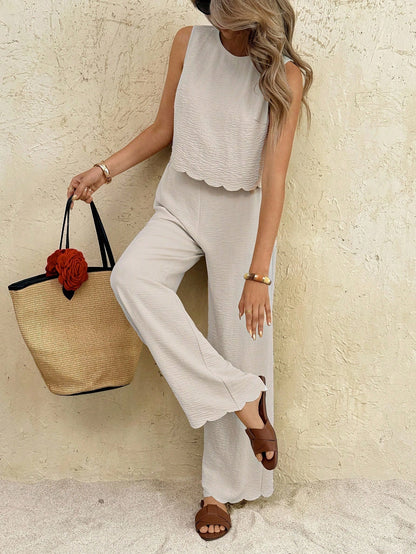 Frenchy Women Summer Casual Sexy Breezy Tropical Sleeveless Back Bow Tie Top And Wide Leg Pants Set Light Beige Linen Two Piece Set Wavy Hem Vacation Beach
