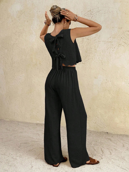 Frenchy Women Summer Casual Sexy Breezy Tropical Sleeveless Back Bow Tie Top And Wide Leg Pants Set Light Beige Linen Two Piece Set Wavy Hem Vacation Beach