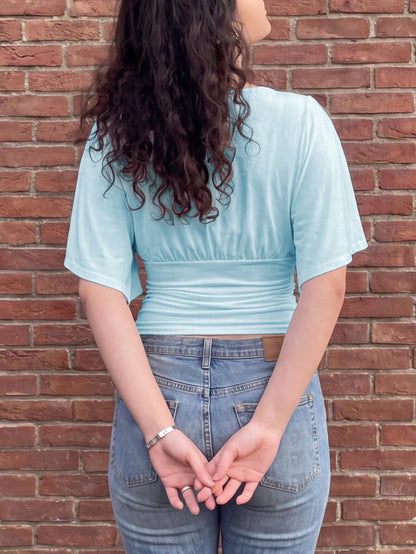 Fresh Summer Women's New Fashion Elegant Blue Casual Waist-Cinching T-Shirt, Suitable For Daily, School, Beach, Vacation And Home Wear