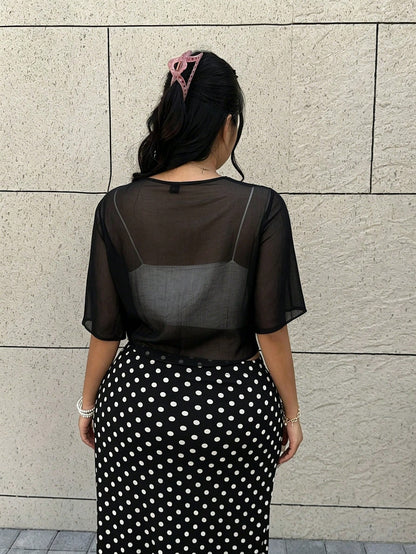 GalTyme Plus Size Women Fashionable Versatile Sheer Tie-Up Top, Suitable For Vacation & Beach